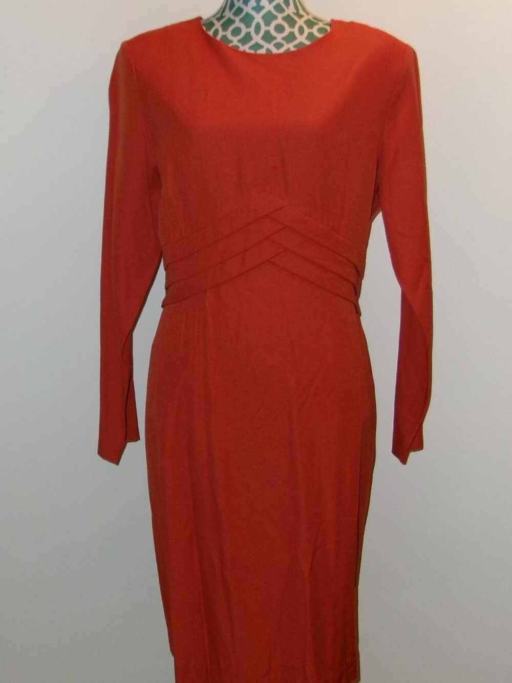 Vintage Jennifer James 1980s does 30s/40s pinup rust orange sheath dress, m-l